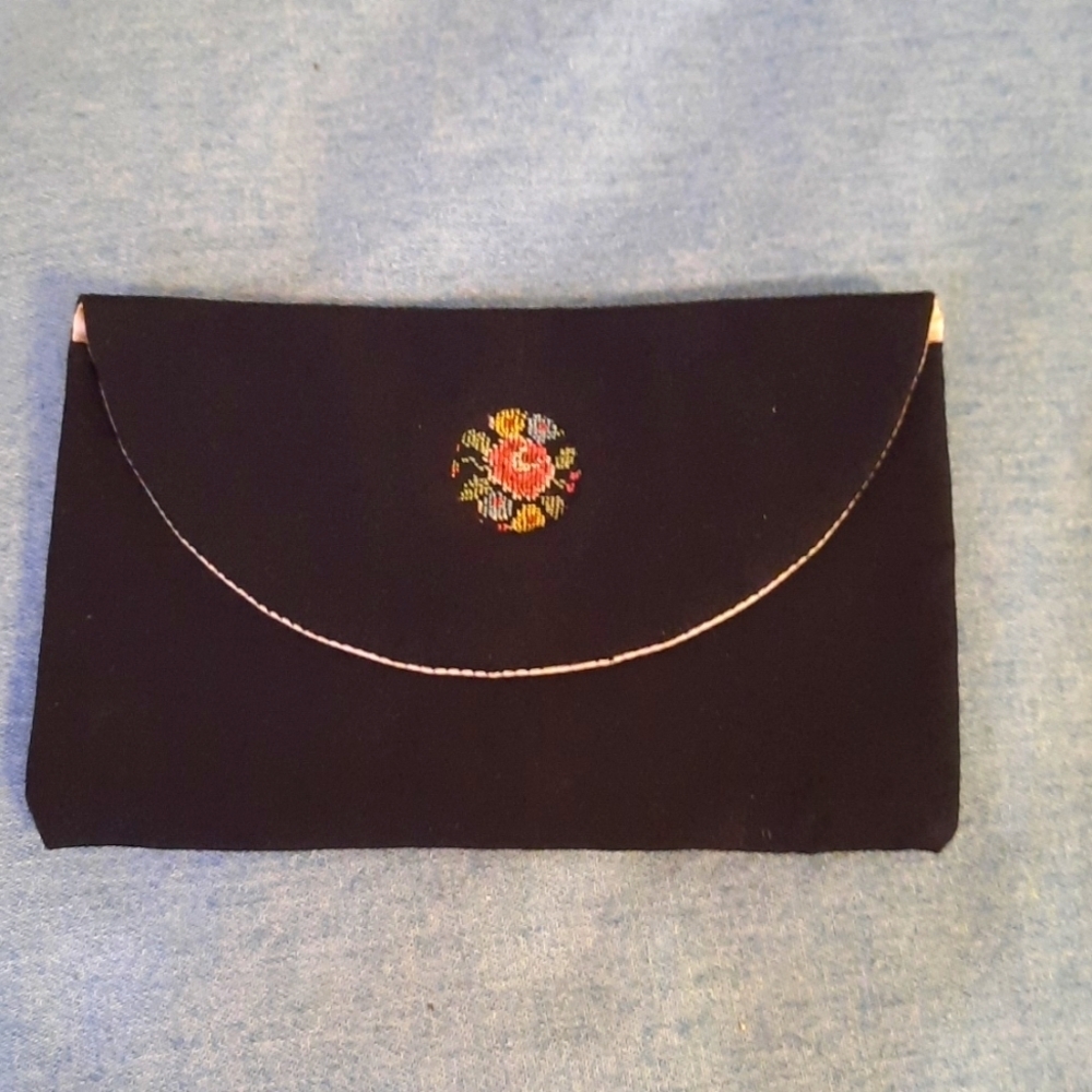 Black coin purse , makeup bag vintage embroidery rose